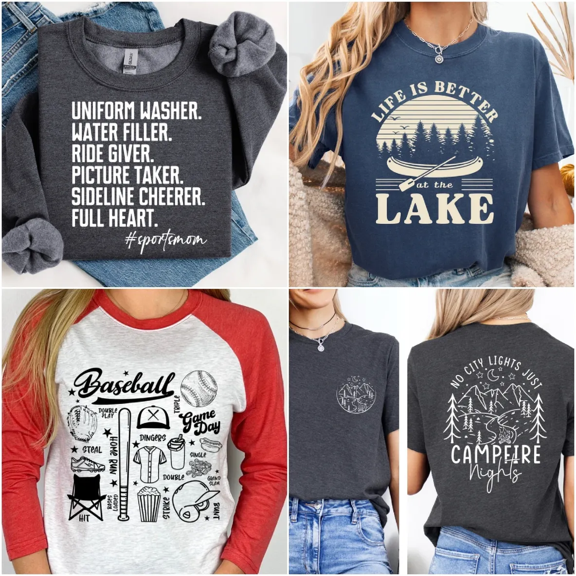 A collage of different types of shirts and tops.