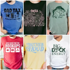 A bunch of different shirts that are on some people