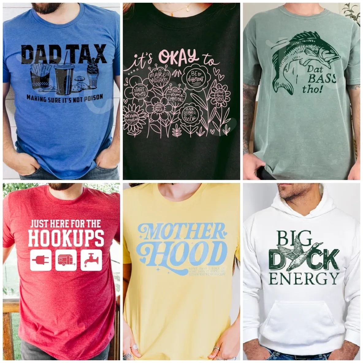 A bunch of different shirts that are on some people