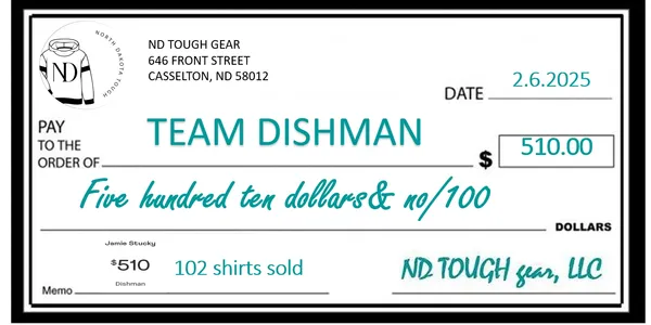 A check that is written in front of the words " team dishman ".