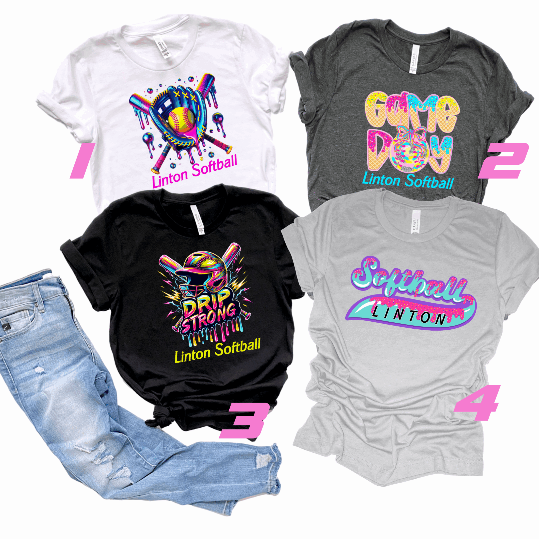 A group of four t-shirts with different designs.